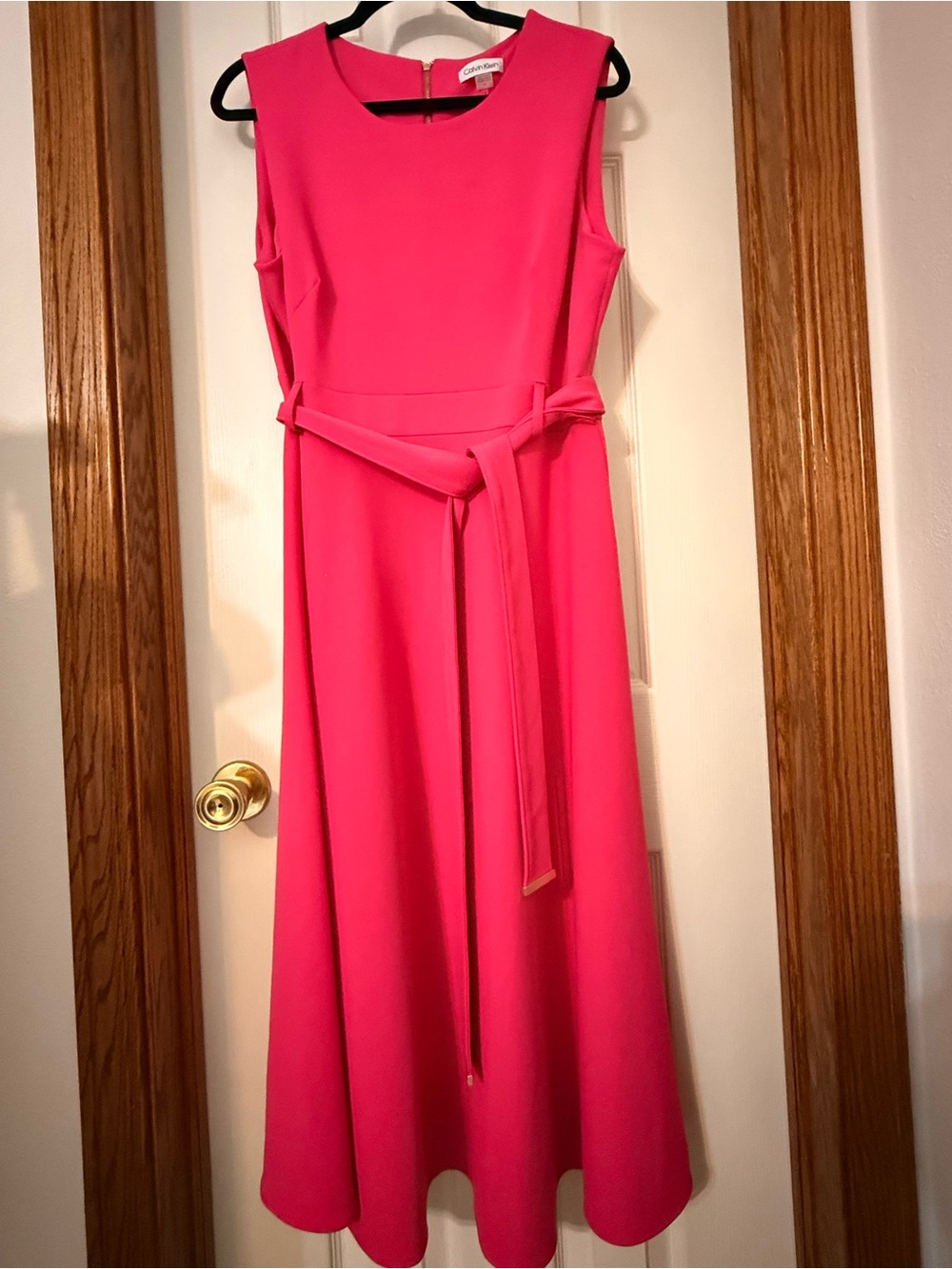 Calvin Klein Hot Pink Sleeveless Midi Dress with Tie Waist - Picture 1 of 3